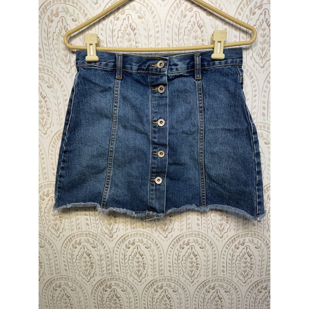 Forever 21 Women Blue Denim Button‎ Front Mini Skirt Raw Hem Size 27 High Waist